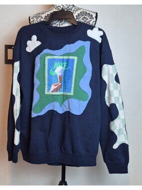 Reworked Nike Air Patchwork Crewneck Sweatshirt Sz L Cloud Checkered Sleeve